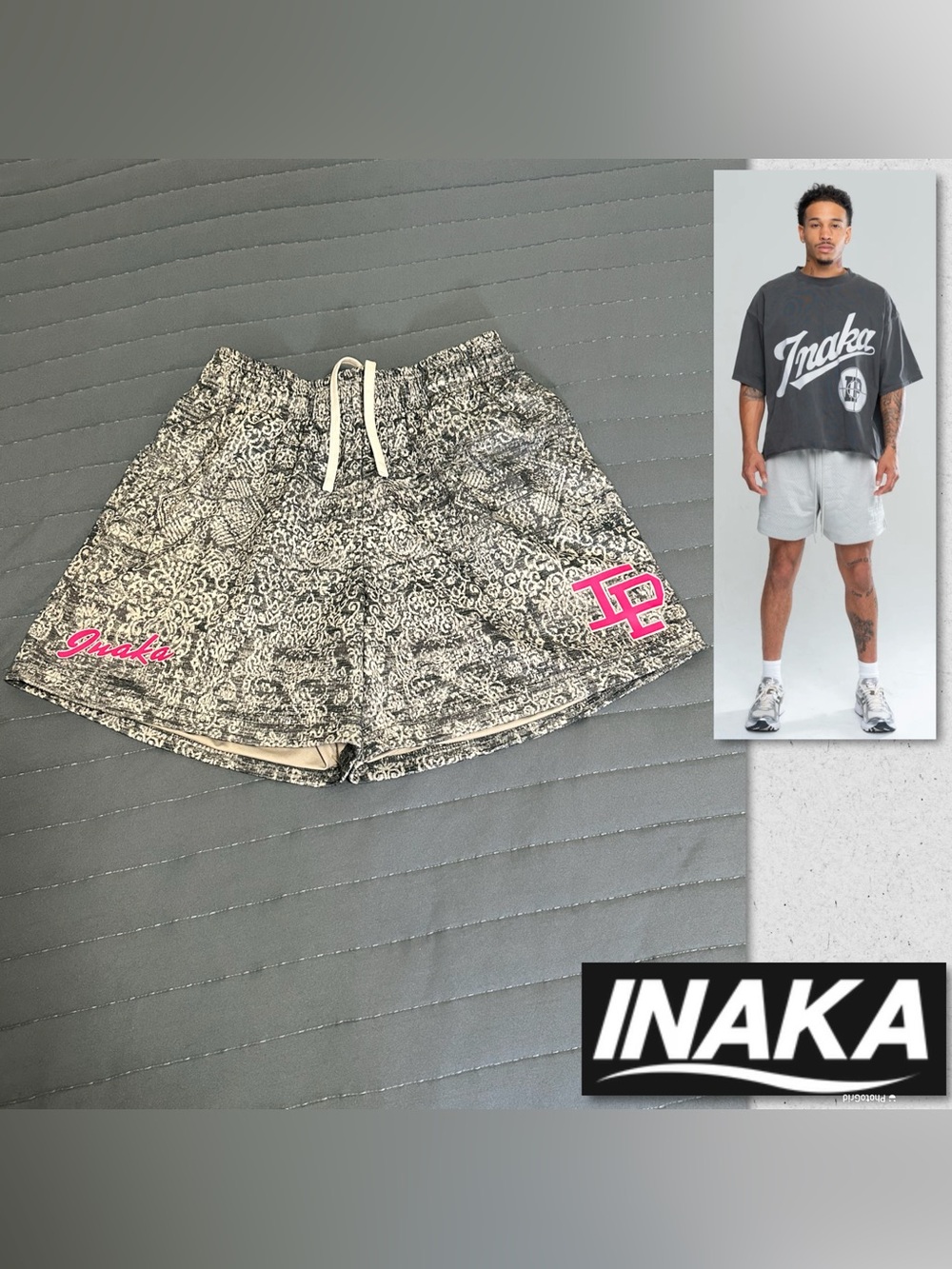 INAKA Gray Paisley Athletic Shorts with Pink Accents